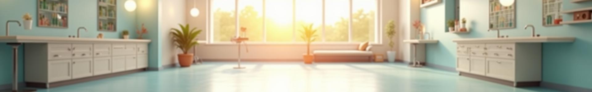 A warm and inviting interior view of AstroPaws Grooming salon with soft lighting and professional grooming stations.