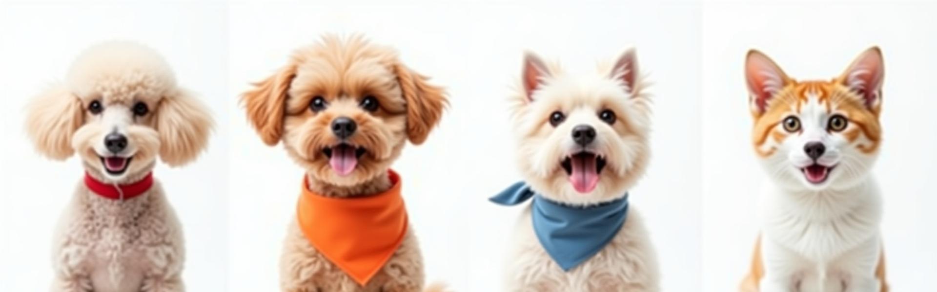 Collage of various well-groomed dogs and cats like Poodle, Terrier, Shih Tzu, showcasing different breed-specific styles.