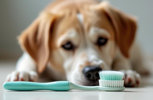 Close-up of a pet-safe toothbrush and enzymatic toothpaste tube next to a calm dog