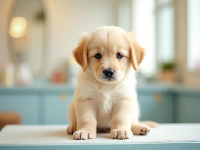 Adorable, fluffy puppy looking curious and happy in a clean grooming salon environment, representing gentle puppy grooming in Queens.